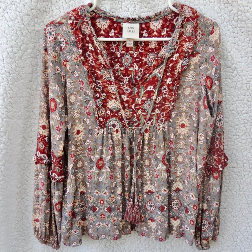 Knox Rose Red & Gray Paisley Puff Sleeve Blouse